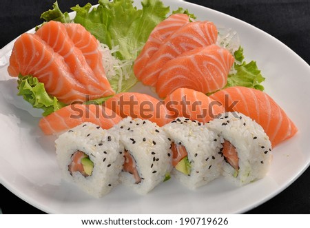 Sushi salmon fish and tuna fish rolls dish.Japanese food.