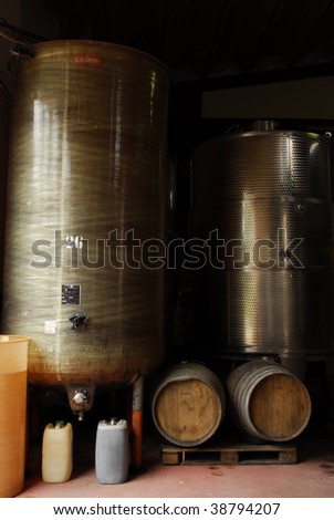 Red wine fermentation barrels.