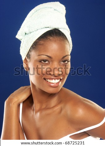 stock photo Closeup portrait of young beautiful woman after bath spa
