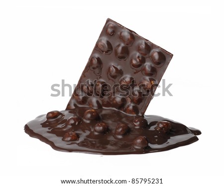 Melted chocolate nuts bar on white background.