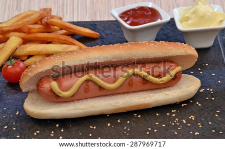 Hot dog, potatoes chips and sauces ingredients background.