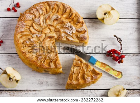 autumn Apple pie with powdered sugar on white background