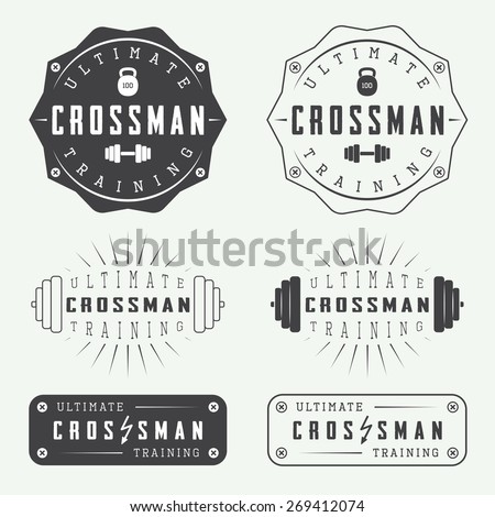 Set of gym logos labels badges and elements in vintage style Set of gym logos labels badges and elements in vintage style