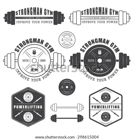Set of gym logos, labels, badges and elements in vintage style