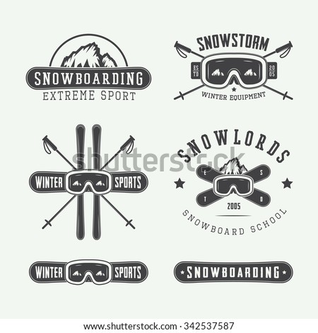 Vintage snowboarding or winter sports logos, badges, emblems and design elements. Vector illustration