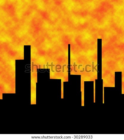 Abstract Black Silhouette Clip Art of Cityscape City Buildings with Orange, Red, and Yellow Sunset Sky Background