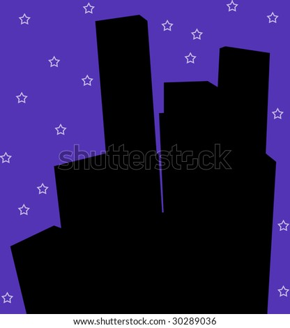 Abstract Black Silhouette Clip Art of Cityscape City Buildings with Evening Blue Sky and Stars Background