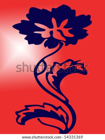 Floral Botanical Abstract Artwork Dark Blue Silhouette Flower Isolated on a Gradient Bright Red Background