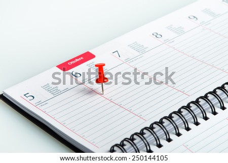 red pin pointed on a spiral weekly agenda