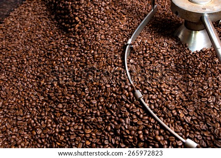 Coffee beans during the roasting process, screened and cooled inside the hopper after roasting, drum type roaster