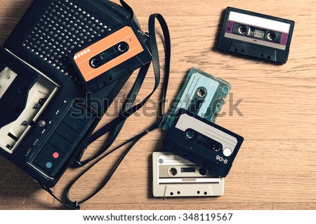 tape recorder with music cassettes, vintage
