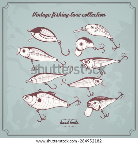 fishing lures collection of design elements sketch style vintage vector  illustration. hard baits, wobblers for your design project - Stock Image -  Everypixel