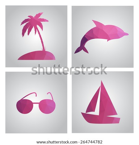 Set of cards in polygonal style. Beach, island, palm tree, boat, points, dolphin, tourism, travel. Vector illustration.
