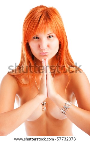 stock photo Picture of a beautiful adorable topless young girl sits on 