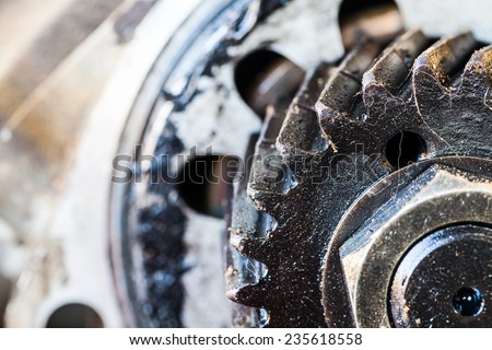 Close up view of gears oil contaminated from old engine