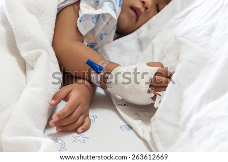 Close up of hand children sick sleeping on the bed at the hospital