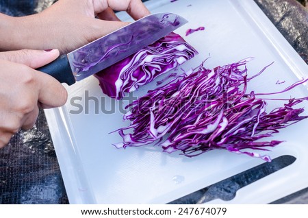 the hand cut purple cabbage on white block, food\'s camping