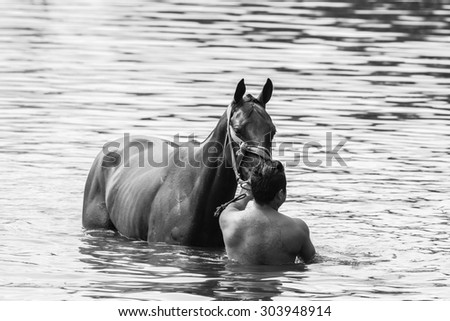 Nakhon Ratchasima, Thailand - 8 July, the two people cleaning and bathing the horses in the river, August 26, 2014 in Nakhon Ratchasima, Thailand.