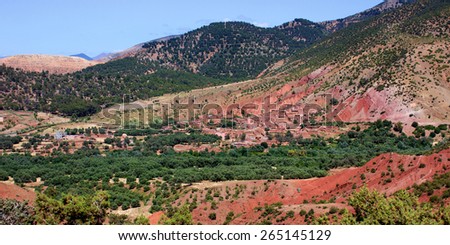 A Moroccan village with building in red clay between the trees in the side of a mountain