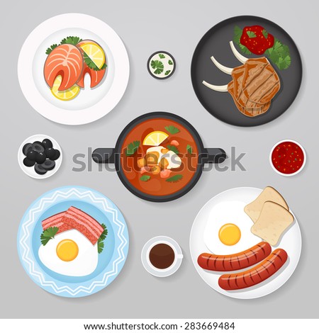 Food business flat lay idea. Food icons top view. Business lunch. Plates with foot on it