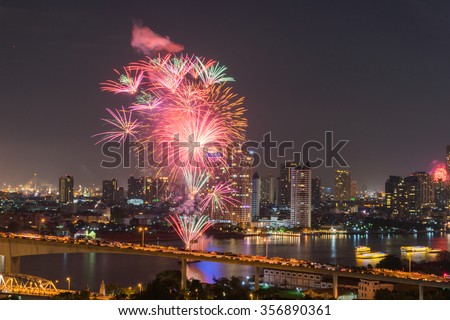 Bangkok, Thailand - 1 January 2016 : The fireworks celebrating year 2016 happening on the Chao Praya riverside which is one of the main landmark in Bangkok to celebrate this special occasion