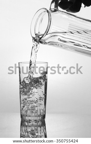 Pouring water into glass on and Glass of water