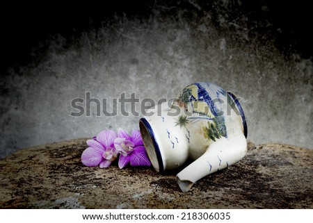 Still life vase and flower on weathered wooden background