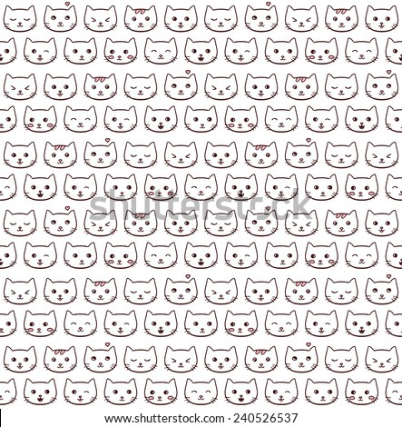 Seamless vector pattern with small cute freehand simply colored emotional cats on white background