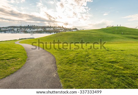slope of green lawn in Gas work park when sunset,Seattle,WA,USA.