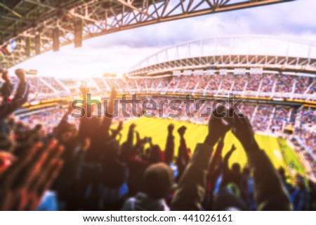 Football- Soccer,a lot of fans  in full stadium celebrate there goal in  open air roof stadium in summer. -blurred technique.