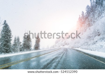 scenic view of empty road with snow covered landscape while snowing in winter season.