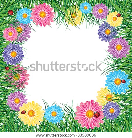 Frame of flowers and herbs with ladybird