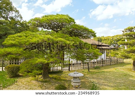 Beautiful view of the traditional Japanese house in Japanese Botanical Garden / Beautiful view of the traditional Japanese house in Japanese Botanical Garden, Hiroshima, Japan
