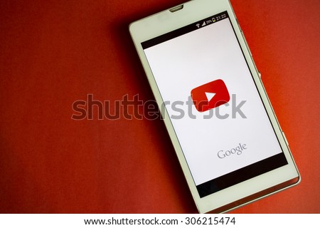 BUNG KAN, THAILAND - AUGUST 08, 2015: new Youtube logo on smart phone, space for caption