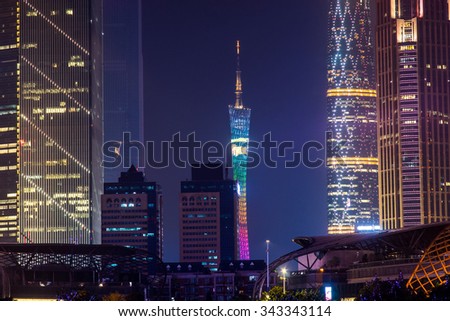 GUANGZHOU, CHINA - Sept. 28: Night view of modern buildings. Close up view of the modern buildings in Guangzhou. The tower in the central is Guangzhou Tower, which is the new landmark of the city.