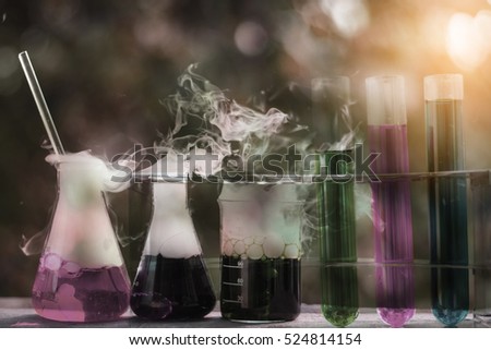 Double exposure of Bio tube in science with laboratory test tube and laboratory background and chemical reaction