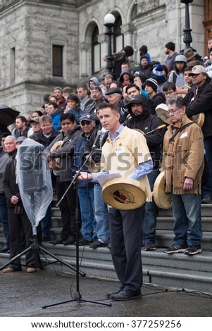 VICTORIA, BRITISH COLUMBIA - APR 12, 2016 - First Nation gather on the steps of the BC parliment building, Victoria, BC, Canada