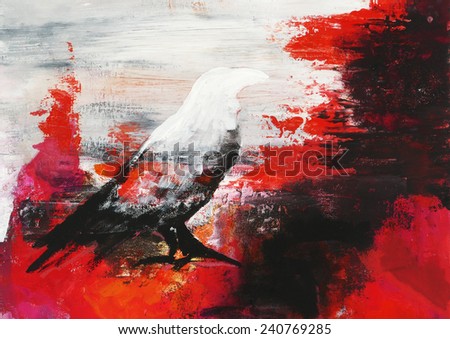 abstract original painting on canvas, wise raven with a white head in red and black ambient, can be used as background or poster