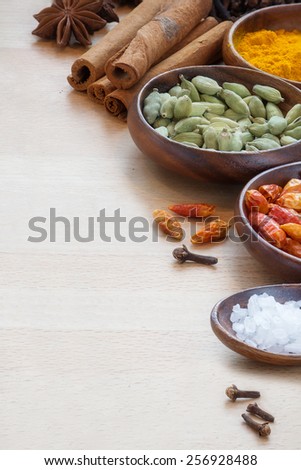 spices for indian cooking, vertical corner background with copy space