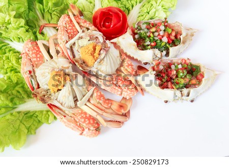 Crab to stream and spicy salad. Sea food menu