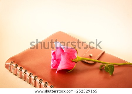 Pink rose on old leather book in vintage style