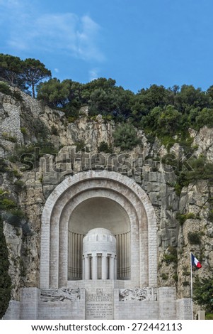 Monument aux Morts - at the foot of the Castle Hill, Nice, the War Memorial cut into the side of the hill, in honour of the 4,000 people of Nice who died in World War I
