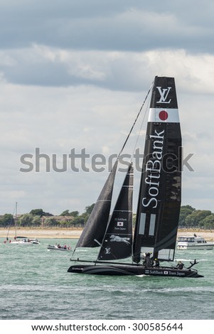 PORTSMOUTH, UK - JULY 25: The Japanese Softbank America\'s Cup boat sailing in the America\'s Cup World Series qualifiers in Portsmouth shown on July 25, 2015 in Portsmouth, UK