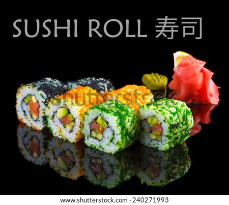 Salmon, avocado and caviar sushi roll on black background