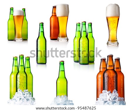 Set of bottles with beer and ice isolated on white background