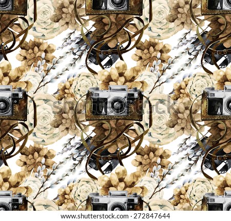 Watercolor vintage SLR camera in leather case  among succulents and pussy-willow branches. Seamless pattern