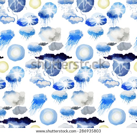 Watercolor weather pattern. Thunderstorm, rain,sun,snow. Vector design