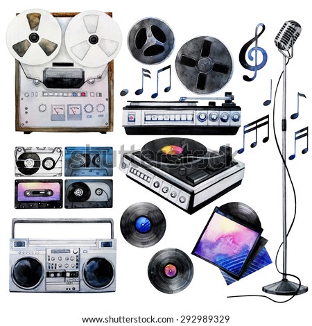 Musical devices of 60`s, 70`s, 80`s, 90`s. Watercolor vinyl turntable and records, tape recorder and cassettes, reel tape recorder, microphone. Design elements isolated on white background
