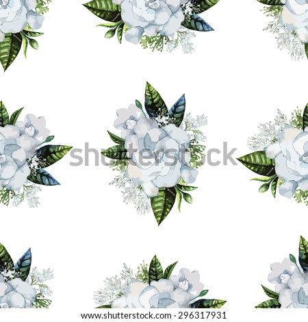 Watercolor gardenia and gypsophila vignette. Vector wedding seamless pattern