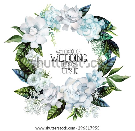 Watercolor gardenia and gypsophila wreath. Vector wedding design